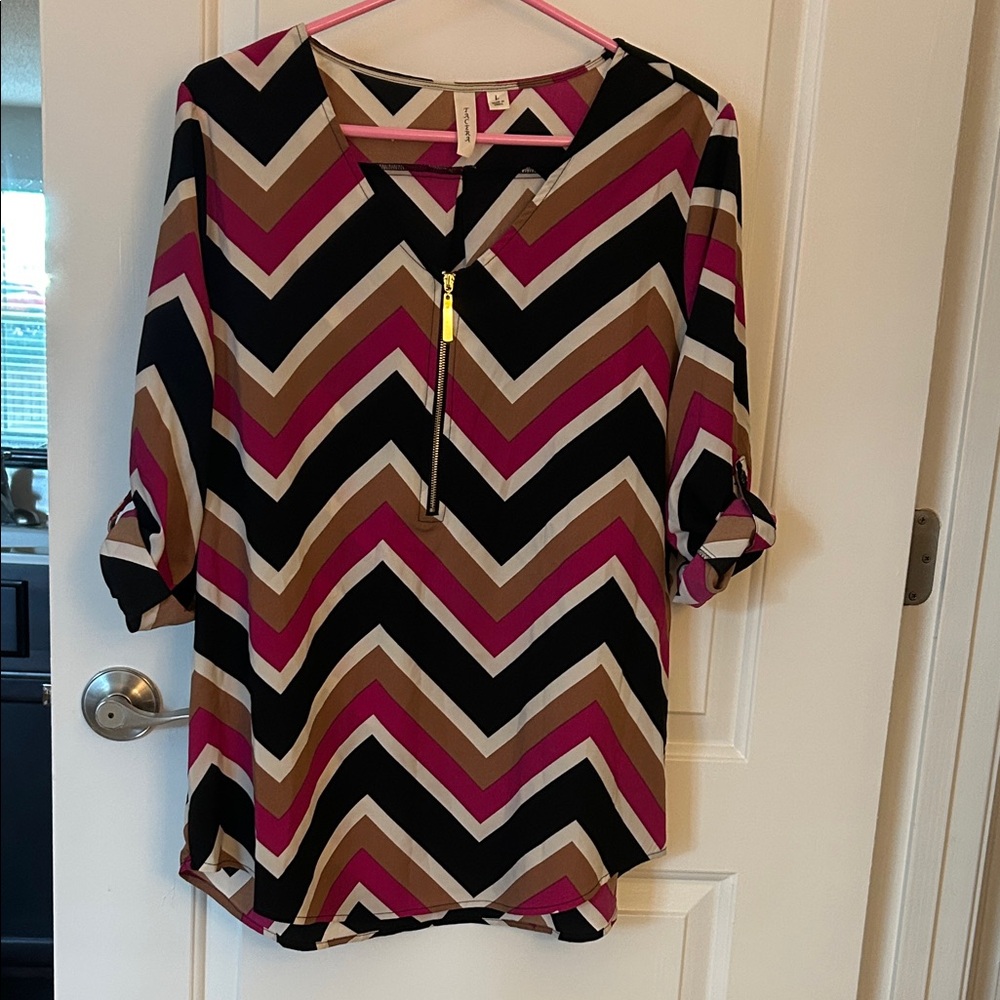 Chevron Patterned Magenta, Brown, White and Black Women's Top
